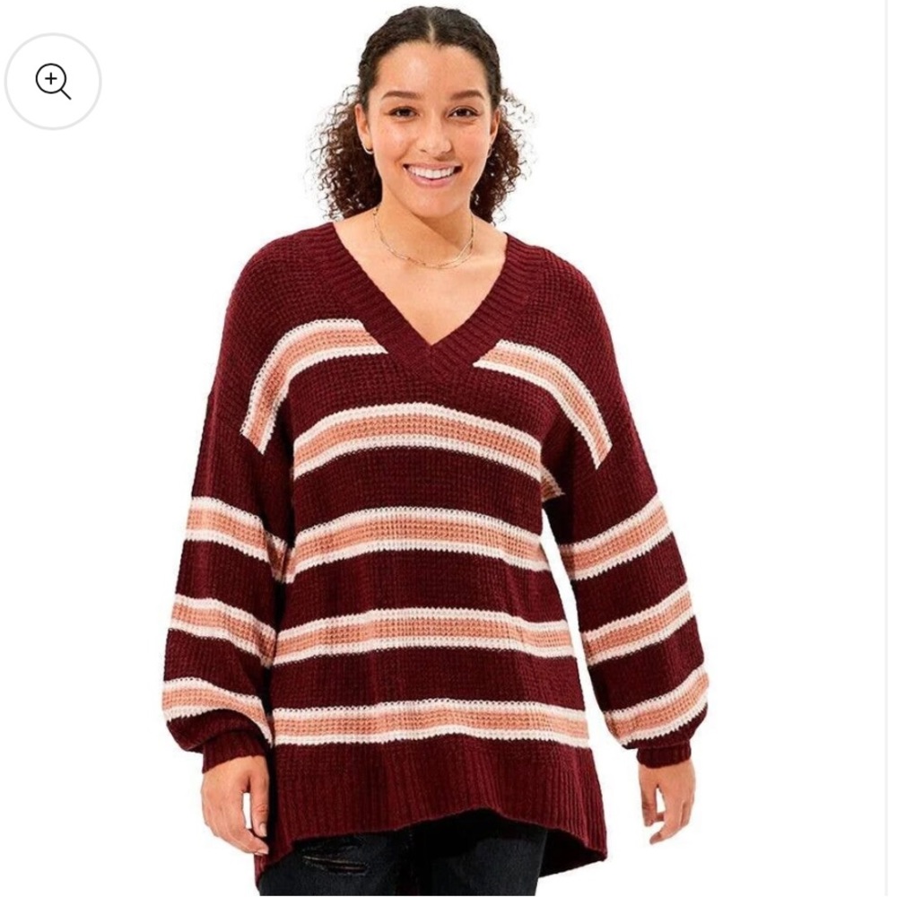 American Eagle Striped Oversized Sweater Burgundy
